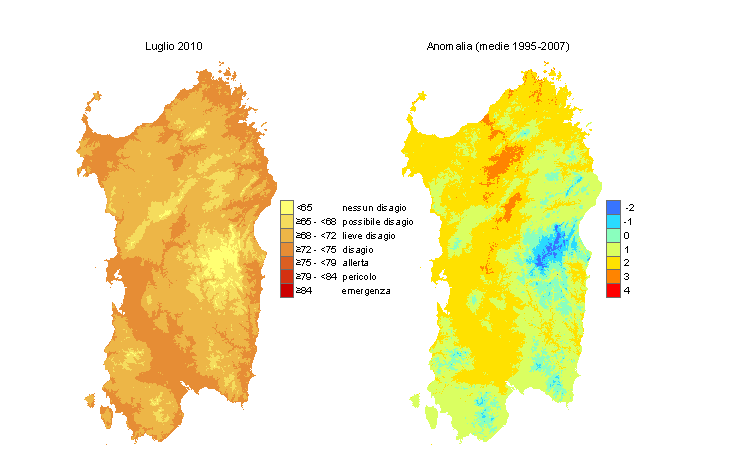 Figura 12 - Mappe di THI per il mese di luglio 2010 e raffronto con i valori medi del periodo 1995-2007. Figura 12 - Mappe di THI per il mese di luglio 2010 e raffronto con i valori medi del periodo 1995-2007.