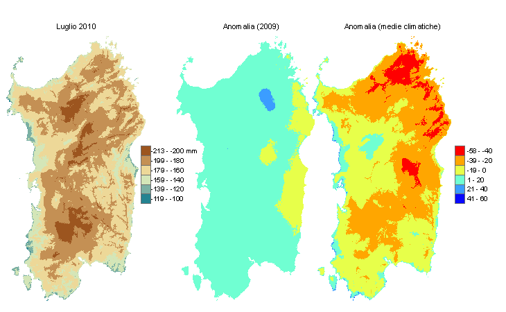 Figura 2 - Mappe di bilancio idro-meteorologico di luglio 2010 e di anomalia rispetto all'anno precedente e ai valori medi trentennali. Figura 2 - Mappe di bilancio idro-meteorologico di luglio 2010 e di anomalia rispetto all'anno precedente e ai valori medi trentennali.