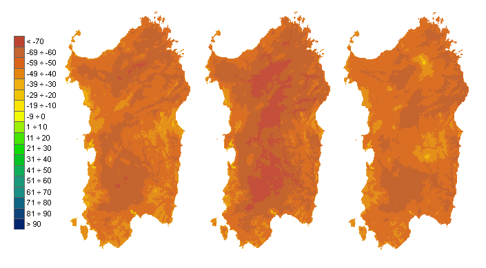 Figura 3 - Mappe di bilancio idro-meteorologico della I, II e III decade di luglio 2010. Figura 3 - Mappe di bilancio idro-meteorologico della I, II e III decade di luglio 2010.