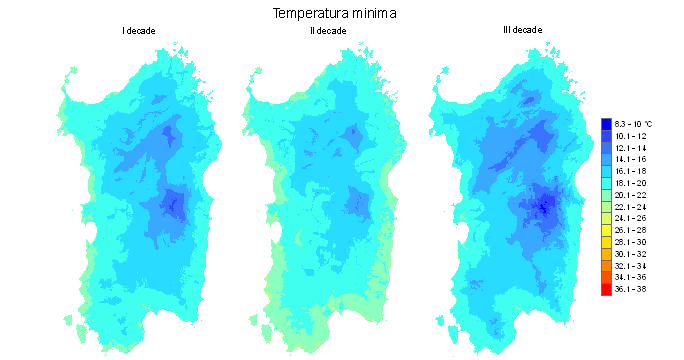 Figura 4 - Valori medi decadali delle temperature minime registrate nel mese di luglio 2010.