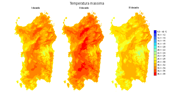 Figura 5 - Valori medi decadali delle temperature massime registrate nel mese di luglio 2010.