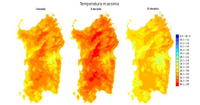 Figura 5 - Valori medi decadali delle temperature massime registrate nel mese di luglio 2010. Figura 5 - Valori medi decadali delle temperature massime registrate nel mese di luglio 2010.