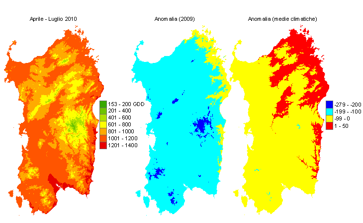 Figura 9 - Sommatorie termiche in base 10 °C calcolate per il periodo aprile - luglio 2010 e raffronto con l'anno precedente e con i valori medi trentennali. Figura 9 - Sommatorie termiche in base 10 °C calcolate per il periodo aprile - luglio 2010 e raffronto con l'anno precedente e con i valori medi trentennali.