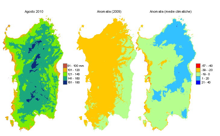 Figura 1 - Mappe di evapotraspirazione di riferimento di agosto 2010 e di anomalia rispetto all'anno precedente e ai valori medi trentennali. Figura 1 - Mappe di evapotraspirazione di riferimento di agosto 2010 e di anomalia rispetto all'anno precedente e ai valori medi trentennali.