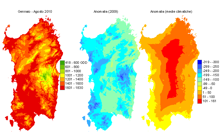 Figura 11 - Sommatorie termiche in base 10 °C calcolate per il periodo gennaio-agosto 2010 e raffronto con l'anno precedente e con i valori medi trentennali. Figura 11 - Sommatorie termiche in base 10 °C calcolate per il periodo gennaio-agosto 2010 e raffronto con l'anno precedente e con i valori medi trentennali.