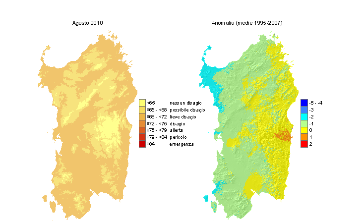 Figura 12 - Mappe di THI per il mese di agosto 2010 e raffronto con i valori medi del periodo 1995-2007. Figura 12 - Mappe di THI per il mese di agosto 2010 e raffronto con i valori medi del periodo 1995-2007.