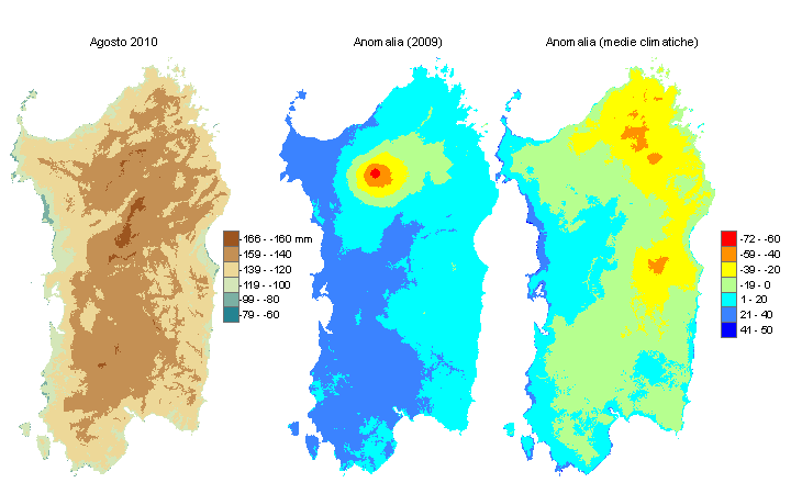 Figura 2 - Mappe di bilancio idro-meteorologico di agosto 2010 e di anomalia rispetto all'anno precedente e ai valori medi trentennali. Figura 2 - Mappe di bilancio idro-meteorologico di agosto 2010 e di anomalia rispetto all'anno precedente e ai valori medi trentennali.
