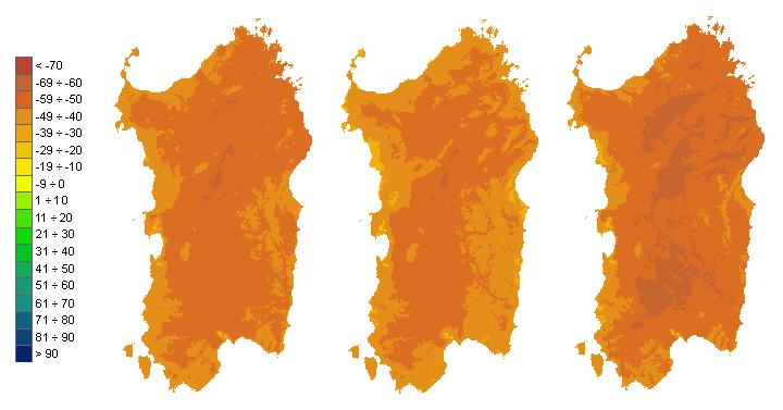 Figura 3 - Mappe di bilancio idro-meteorologico della I, II e III decade di agosto 2010. Figura 3 - Mappe di bilancio idro-meteorologico della I, II e III decade di agosto 2010.