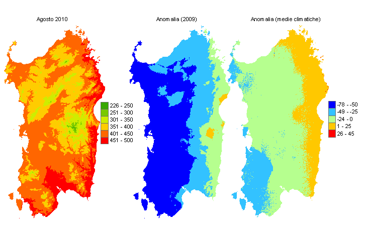 Figura 7 - Mappe di sommatorie termiche in base 10 °C calcolate per il mese di agosto 2010 e raffronto con l'anno precedente e con i valori medi trentennali. Figura 7 - Mappe di sommatorie termiche in base 10 °C calcolate per il mese di agosto 2010 e raffronto con l'anno precedente e con i valori medi trentennali.