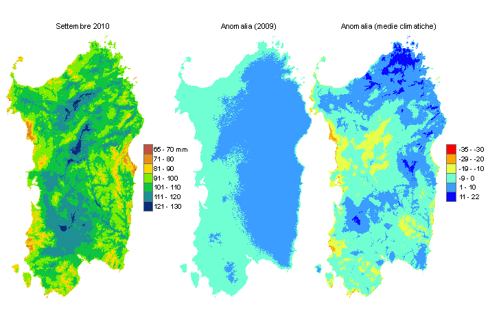 Figura 1 - Mappe di evapotraspirazione di riferimento di settembre 2010 e di anomalia rispetto all'anno precedente e ai valori medi trentennali. Figura 1 - Mappe di evapotraspirazione di riferimento di settembre 2010 e di anomalia rispetto all'anno precedente e ai valori medi trentennali.