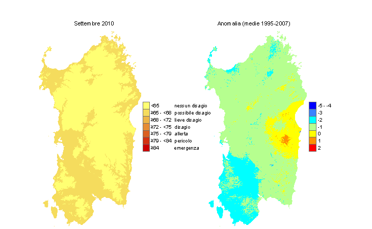Figura 12 - Mappe di THI per il mese di settembre 2010 e raffronto con i valori medi del periodo 1995-2007. Figura 12 - Mappe di THI per il mese di settembre 2010 e raffronto con i valori medi del periodo 1995-2007.