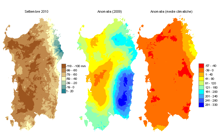 Figura 2 - Mappe di bilancio idro-meteorologico di settembre 2010 e di anomalia rispetto all'anno precedente e ai valori medi trentennali. Figura 2 - Mappe di bilancio idro-meteorologico di settembre 2010 e di anomalia rispetto all'anno precedente e ai valori medi trentennali.