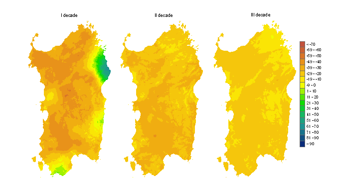 Figura 3 - Mappe di bilancio idro-meteorologico della I, II e III decade di settembre 2010. Figura 3 - Mappe di bilancio idro-meteorologico della I, II e III decade di settembre 2010.