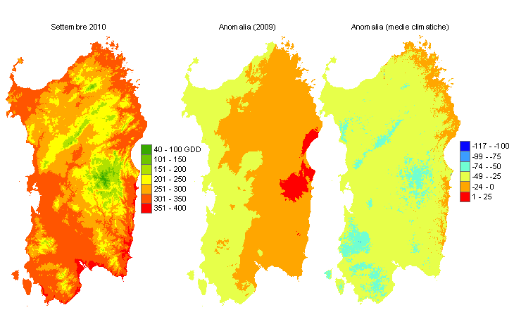 Figura 7 - Mappe di sommatorie termiche in base 10 °C calcolate per il mese di settembre 2010 e raffronto con l'anno precedente e con i valori medi trentennali. Figura 7 - Mappe di sommatorie termiche in base 10 °C calcolate per il mese di settembre 2010 e raffronto con l'anno precedente e con i valori medi trentennali.