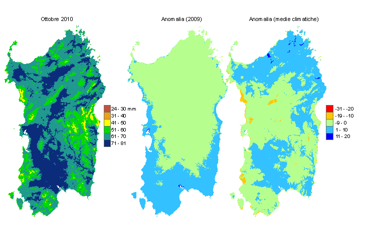 Figura 1 - Mappe di evapotraspirazione di riferimento di ottobre 2010 e di anomalia rispetto all'anno precedente e ai valori medi trentennali. Figura 1 - Mappe di evapotraspirazione di riferimento di ottobre 2010 e di anomalia rispetto all'anno precedente e ai valori medi trentennali.