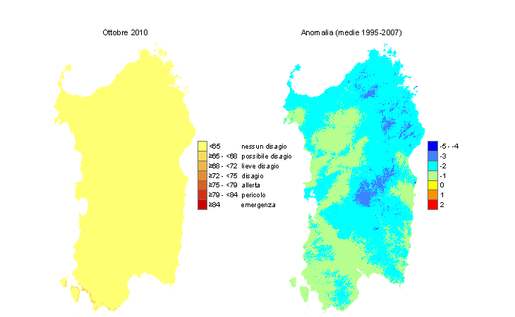 Figura 12 - Mappe di THI per il mese di ottobre 2010 e raffronto con i valori medi del periodo 1995-2007. Figura 12 - Mappe di THI per il mese di ottobre 2010 e raffronto con i valori medi del periodo 1995-2007.