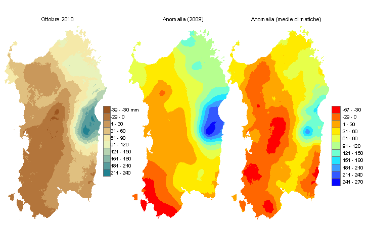 Figura 2 - Mappe di bilancio idro-meteorologico di ottobre 2010 e di anomalia rispetto all'anno precedente e ai valori medi trentennali. Figura 2 - Mappe di bilancio idro-meteorologico di ottobre 2010 e di anomalia rispetto all'anno precedente e ai valori medi trentennali.
