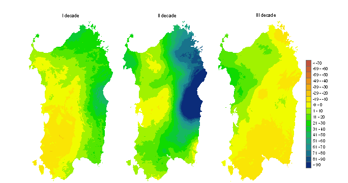 Figura 3 - Mappe di bilancio idro-meteorologico della I, II e III decade di ottobre 2010. Figura 3 - Mappe di bilancio idro-meteorologico della I, II e III decade di ottobre 2010.