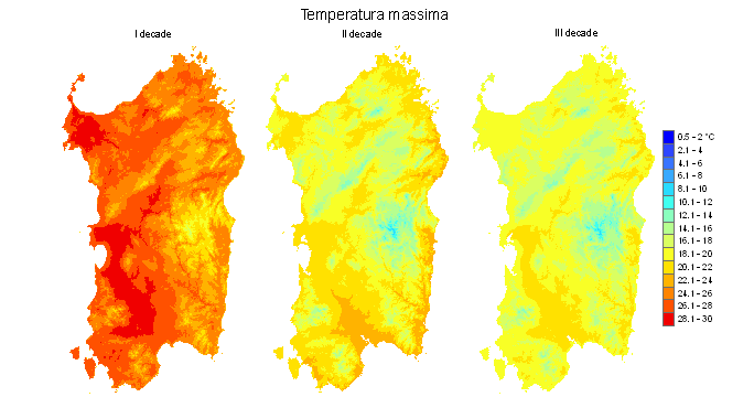 Figura 5 - Valori medi decadali delle temperature massime registrate nel mese di ottobre 2010. Figura 5 - Valori medi decadali delle temperature massime registrate nel mese di ottobre 2010.
