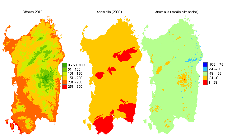Figura 7 - Mappe di sommatorie termiche in base 10 °C calcolate per il mese di ottobre 2010 e raffronto con l'anno precedente e con i valori medi trentennali. Figura 7 - Mappe di sommatorie termiche in base 10 °C calcolate per il mese di ottobre 2010 e raffronto con l'anno precedente e con i valori medi trentennali.