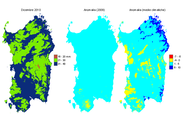 Figura 1 - Mappe di evapotraspirazione di riferimento di dicembre 2010 e di anomalia rispetto all'anno precedente e ai valori medi trentennali. Figura 1 - Mappe di evapotraspirazione di riferimento di dicembre 2010 e di anomalia rispetto all'anno precedente e ai valori medi trentennali.