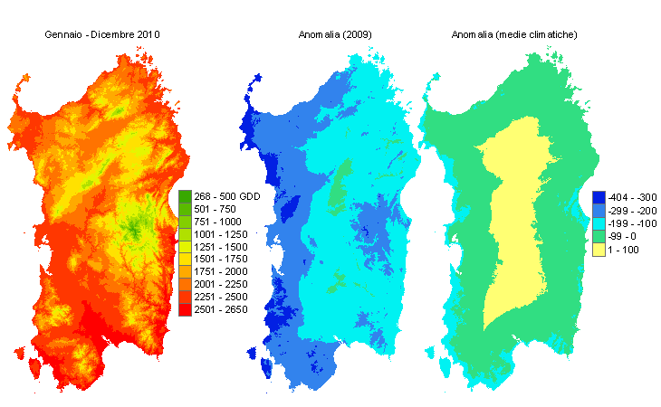 Figura 11 - Sommatorie termiche in base 10 °C calcolate per il periodo gennaio - dicembre 2010 e raffronto con l'anno precedente e con i valori medi trentennali. Figura 11 - Sommatorie termiche in base 10 °C calcolate per il periodo gennaio - dicembre 2010 e raffronto con l'anno precedente e con i valori medi trentennali.