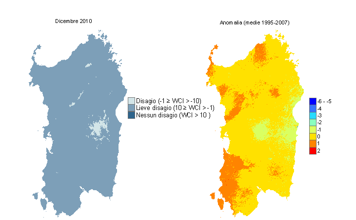 Figura 12 - Mappe di WCI per il mese di dicembre 2010 e raffronto con i valori medi del periodo 1995-2007. Figura 12 - Mappe di WCI per il mese di dicembre 2010 e raffronto con i valori medi del periodo 1995-2007.