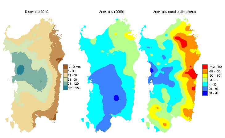 Figura 2 - Mappe di bilancio idro-meteorologico di dicembre 2010 e di anomalia rispetto all'anno precedente e ai valori medi trentennali. Figura 2 - Mappe di bilancio idro-meteorologico di dicembre 2010 e di anomalia rispetto all'anno precedente e ai valori medi trentennali.