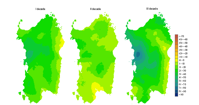 Figura 3 - Mappe di bilancio idro-meteorologico della I, II e III decade di dicembre 2010. Figura 3 - Mappe di bilancio idro-meteorologico della I, II e III decade di dicembre 2010.
