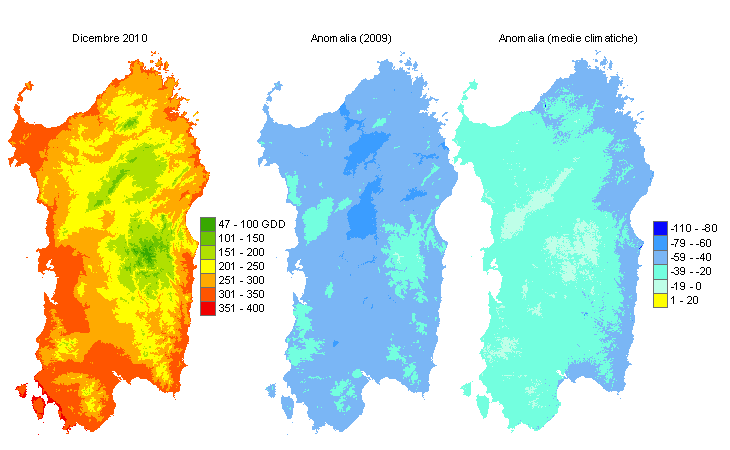 Figura 6 - Mappe di sommatorie termiche in base 0 °C calcolate per il mese di dicembre 2010 e raffronto con l'anno precedente e con i valori medi trentennali. Figura 6 - Mappe di sommatorie termiche in base 0 °C calcolate per il mese di dicembre 2010 e raffronto con l'anno precedente e con i valori medi trentennali.