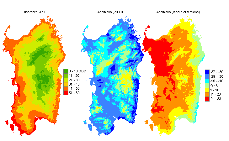 Figura 7 - Mappe di sommatorie termiche in base 10 °C calcolate per il mese di dicembre 2010 e raffronto con l'anno precedente e con i valori medi trentennali. Figura 7 - Mappe di sommatorie termiche in base 10 °C calcolate per il mese di dicembre 2010 e raffronto con l'anno precedente e con i valori medi trentennali.