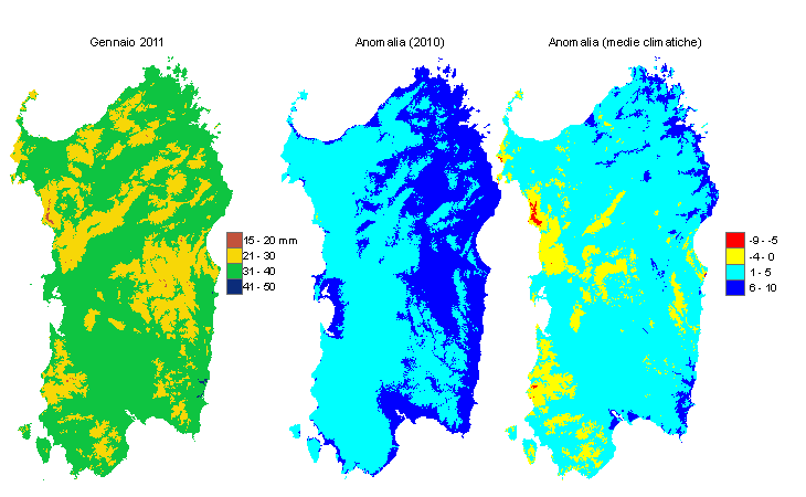 Figura 1 - Mappe di evapotraspirazione di riferimento di gennaio 2011 e di anomalia rispetto all'anno precedente e ai valori medi trentennali. Figura 1 - Mappe di evapotraspirazione di riferimento di gennaio 2011 e di anomalia rispetto all'anno precedente e ai valori medi trentennali.