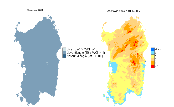 Figura 10 - Mappe di WCI per il mese di gennaio 2011 e raffronto con i valori medi del periodo 1995-2007. Figura 10 - Mappe di WCI per il mese di gennaio 2011 e raffronto con i valori medi del periodo 1995-2007.