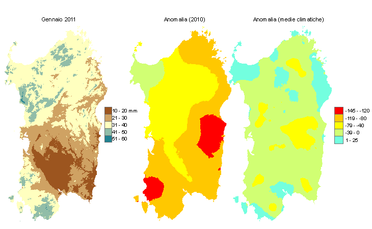 Figura 2 - Mappe di bilancio idro-meteorologico di gennaio 2011 e di anomalia rispetto all'anno precedente e ai valori medi trentennali. Figura 2 - Mappe di bilancio idro-meteorologico di gennaio 2011 e di anomalia rispetto all'anno precedente e ai valori medi trentennali.