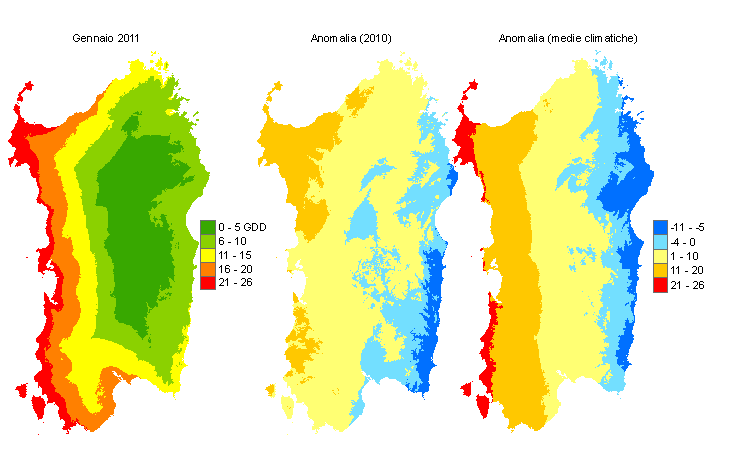 Figura 7 - Mappe di sommatorie termiche in base 10 °C calcolate per il mese di gennaio 2011 e raffronto con l'anno precedente e con i valori medi trentennali. Figura 7 - Mappe di sommatorie termiche in base 10 °C calcolate per il mese di gennaio 2011 e raffronto con l'anno precedente e con i valori medi trentennali.