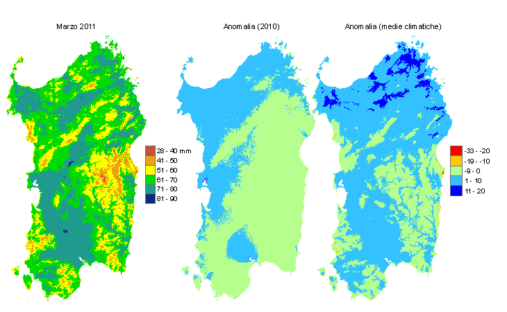 Figura 1 - Mappe di evapotraspirazione di riferimento di marzo 2011 e di anomalia rispetto all'anno precedente e ai valori medi trentennali. Figura 1 - Mappe di evapotraspirazione di riferimento di marzo 2011 e di anomalia rispetto all'anno precedente e ai valori medi trentennali.