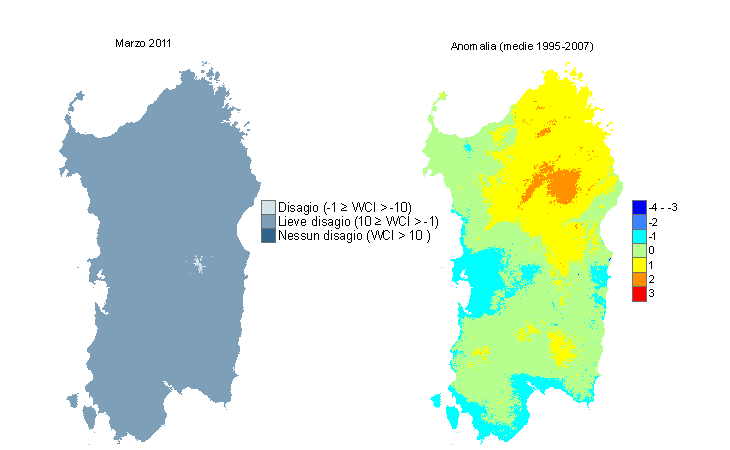Figura 12 - Mappe di WCI per il mese di marzo 2011 e raffronto con i valori medi del periodo 1995-2007. Figura 12 - Mappe di WCI per il mese di marzo 2011 e raffronto con i valori medi del periodo 1995-2007.