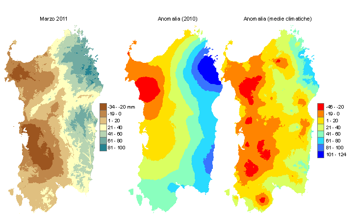 Figura 2 - Mappe di bilancio idro-meteorologico di marzo 2011 e di anomalia rispetto all'anno precedente e ai valori medi trentennali. Figura 2 - Mappe di bilancio idro-meteorologico di marzo 2011 e di anomalia rispetto all'anno precedente e ai valori medi trentennali.