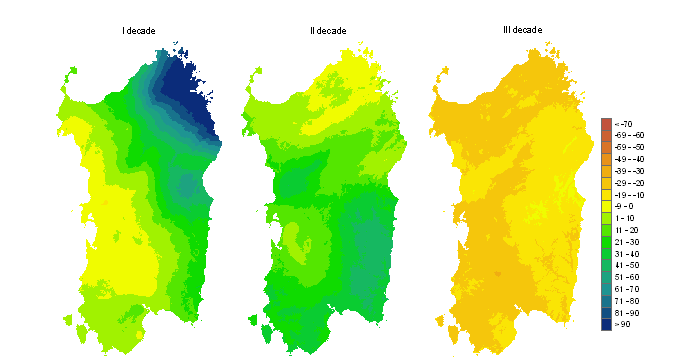Figura 3 - Mappe di bilancio idro-meteorologico della I, II e III decade di marzo 2011. Figura 3 - Mappe di bilancio idro-meteorologico della I, II e III decade di marzo 2011.