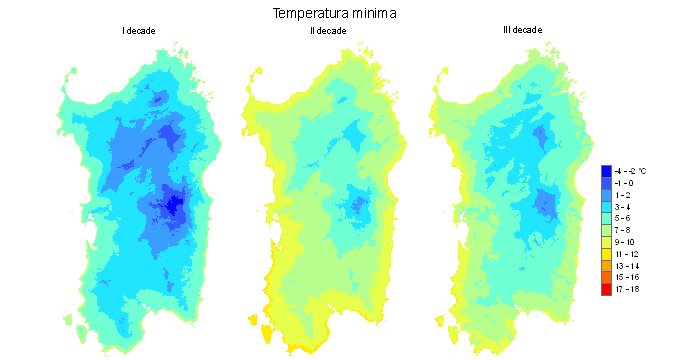 Figura 4 - Valori medi decadali delle temperature minime registrate nel mese di marzo 2011.