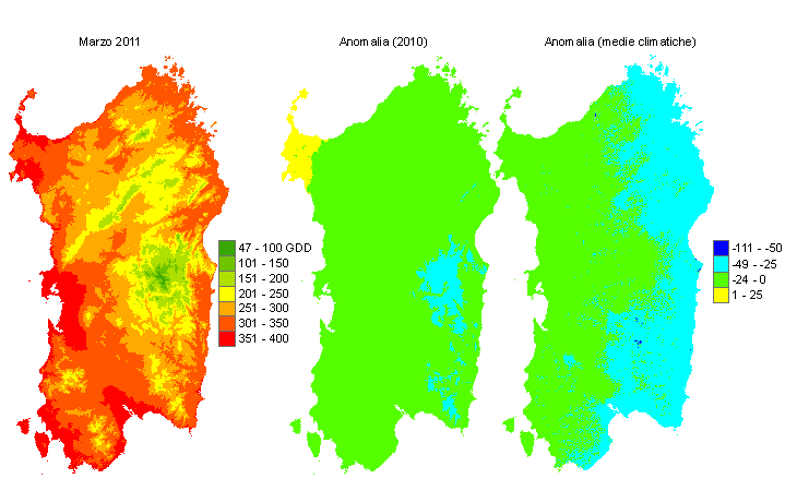 Figura 6 - Mappe di sommatorie termiche in base 0 °C calcolate per il mese di marzo 2011 e raffronto con l'anno precedente e con i valori medi trentennali. Figura 6 - Mappe di sommatorie termiche in base 0 °C calcolate per il mese di marzo 2011 e raffronto con l'anno precedente e con i valori medi trentennali.
