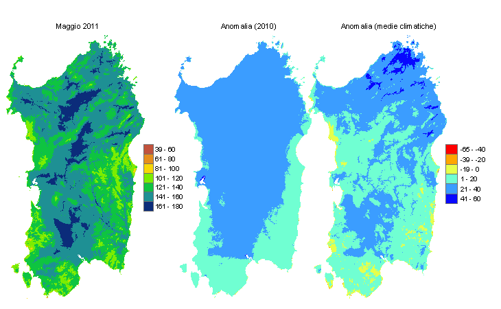 Figura 1 - Mappe di evapotraspirazione di riferimento di maggio 2011 e di anomalia rispetto all'anno precedente e ai valori medi trentennali. Figura 1 - Mappe di evapotraspirazione di riferimento di maggio 2011 e di anomalia rispetto all'anno precedente e ai valori medi trentennali.