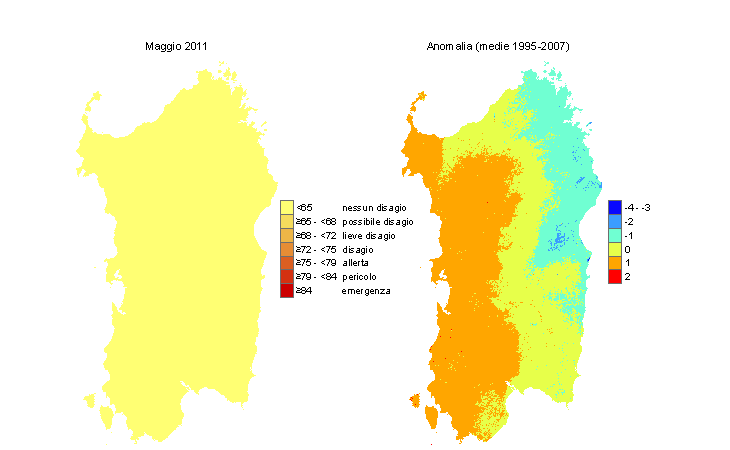 Figura 14 - Mappe di THI per il mese di maggio 2011 e raffronto con i valori medi del periodo 1995-2007. Figura 14 - Mappe di THI per il mese di maggio 2011 e raffronto con i valori medi del periodo 1995-2007.