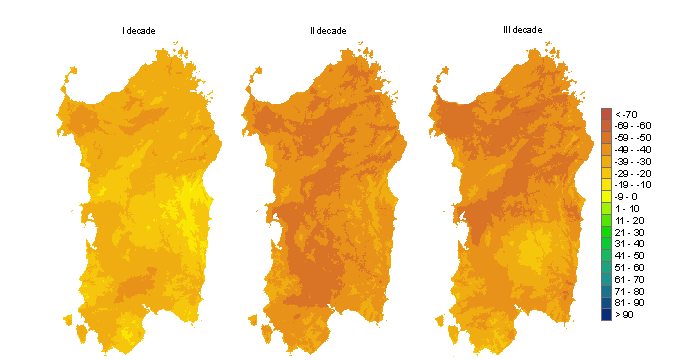 Figura 3 - Mappe di bilancio idro-meteorologico della I, II e III decade di maggio 2011. Figura 3 - Mappe di bilancio idro-meteorologico della I, II e III decade di maggio 2011.