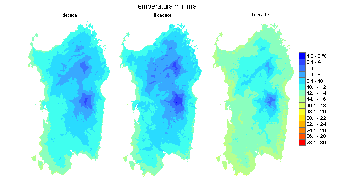 Figura 4 - Valori medi decadali delle temperature minime registrate nel mese di maggio 2011.