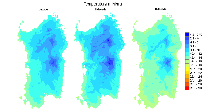 Figura 4 - Valori medi decadali delle temperature minime registrate nel mese di maggio 2011. Figura 4 - Valori medi decadali delle temperature minime registrate nel mese di maggio 2011.