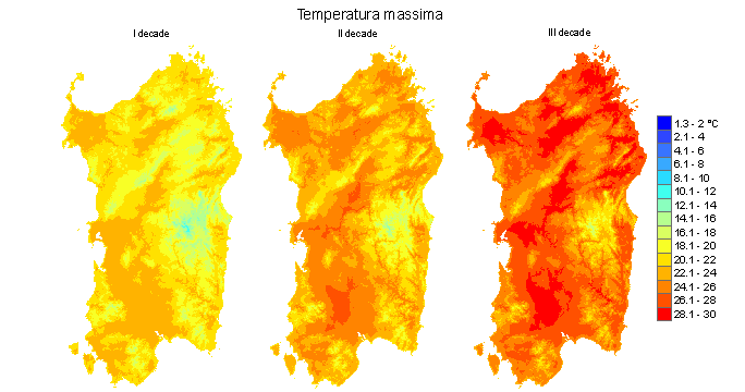 Figura 5 - Valori medi decadali delle temperature massime registrate nel mese di maggio 2011.
