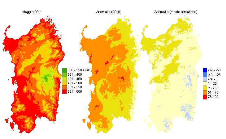 Figura 6 - Mappe di sommatorie termiche in base 0 °C calcolate per il mese di maggio 2011 e raffronto con l'anno precedente e con i valori medi trentennali. Figura 6 - Mappe di sommatorie termiche in base 0 °C calcolate per il mese di maggio 2011 e raffronto con l'anno precedente e con i valori medi trentennali.