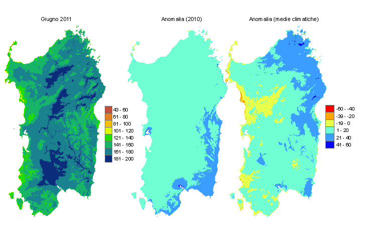 Figura 1 - Mappe di evapotraspirazione di riferimento di giugno 2011 e di anomalia rispetto all'anno precedente e ai valori medi trentennali. Figura 1 - Mappe di evapotraspirazione di riferimento di giugno 2011 e di anomalia rispetto all'anno precedente e ai valori medi trentennali.
