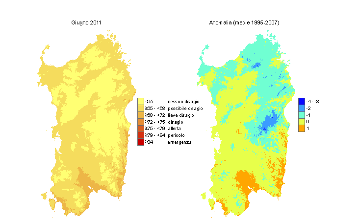 Figura 14 - Mappe di THI per il mese di giugno 2011 e raffronto con i valori medi del periodo 1995-2007. Figura 14 - Mappe di THI per il mese di giugno 2011 e raffronto con i valori medi del periodo 1995-2007.